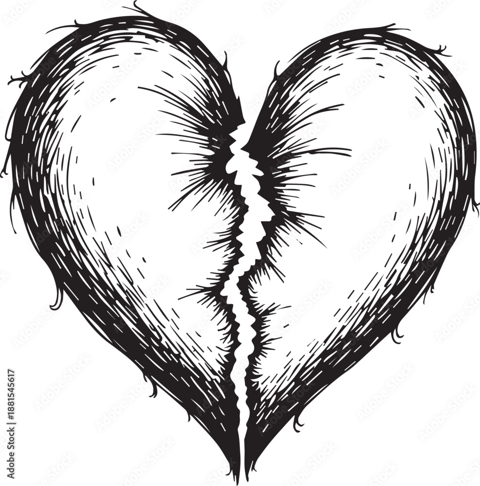 Obraz premium An artistic illustration of a broken heart, showcasing the raw emotion of heartbreak and loss, drawn in a expressive style.