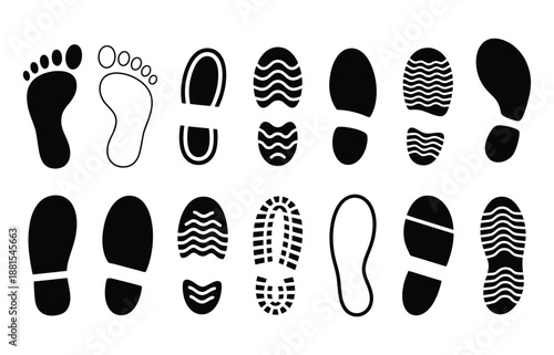 Footprint and Shoe Sole Print Icon Set Walking Steps Silhouette Collection Isolated on White