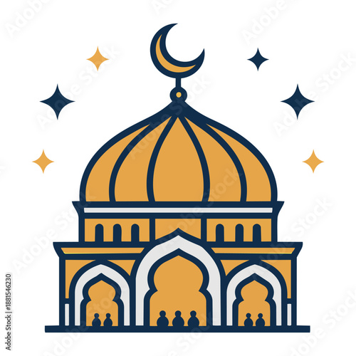 Islamic Mosque Illustration with Crescent Moon and Stars in Flat Design Style