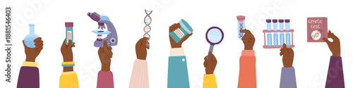 Flat vector illustration of human hands cliparts holding various genetic science and laboratory objects. Concept of biotechnology, genetic medicine research, DNA analysis, laboratory diagnostics.	
