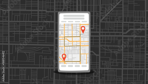 Travel destination concept banner. Smart phone screen with a route and points of destination on the black city streets background. Flat vector illustration.