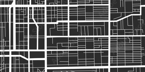 Black city map background in a flat style. Concept of a travel, destination, location, route. Vector banner, top view.