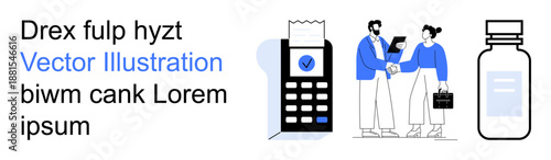 E-commerce, secure payments, business transactions, communication, teamwork, healthcare. Characters shaking hands near a payment terminal. Secure payment and business transaction