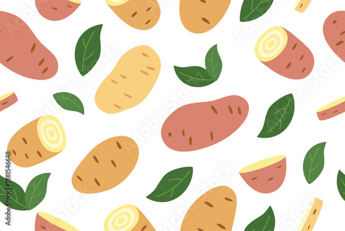 Potato vegetable seamless pattern. Nature background of potato isolated on white. Gardening, farming and food concept. Vector flat banner.