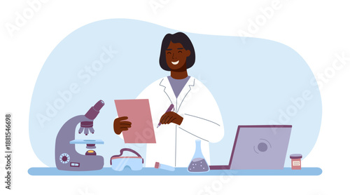 Female scientist in laboratory with test tubes and microscope. Concept of biotechnology, medical research, science. Vector flat illustration.	
