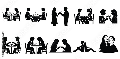 Romantic Dinner and Coffee Dates Silhouettes Icon Set