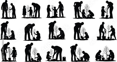 Family planting trees together silhouette illustration set showing parents and children gardening teamwork environmental education nature vector black white art