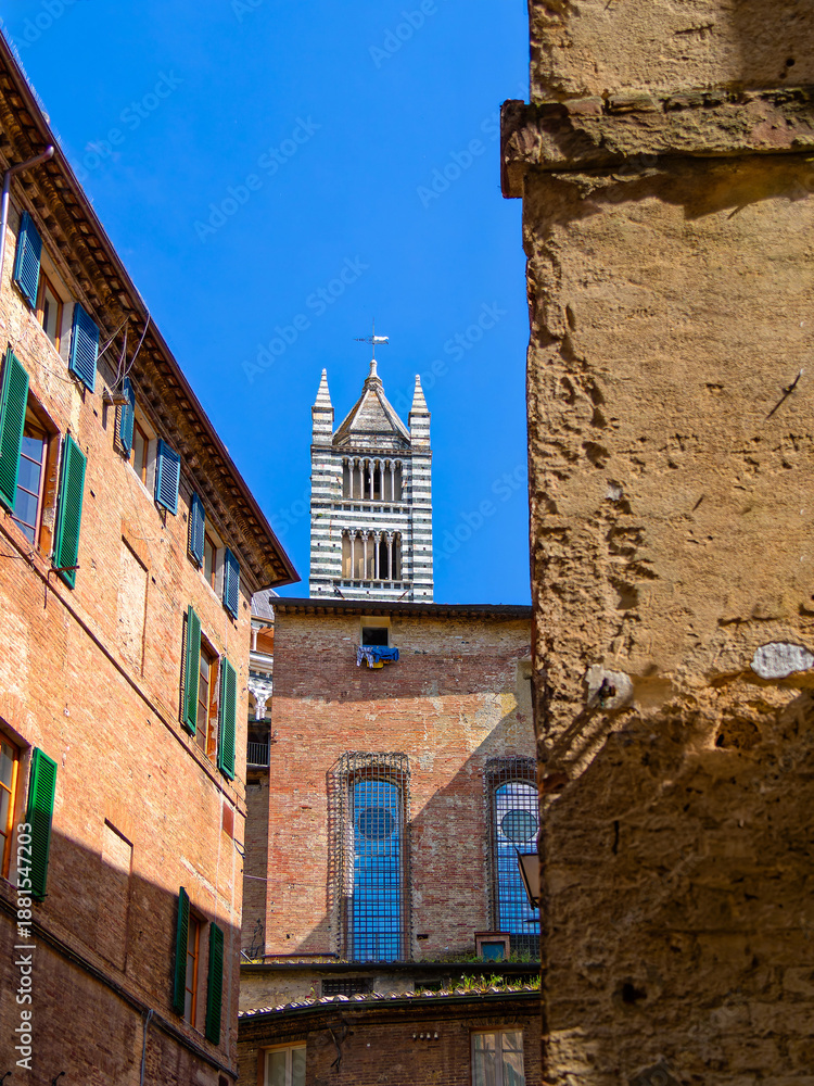 Fototapeta premium The majestic bell tower of Siena's Duomo rises elegantly behind the old houses, blending seamlessly into the city's historic urban fabric beneath a clear blue sky. Travel in Italy.