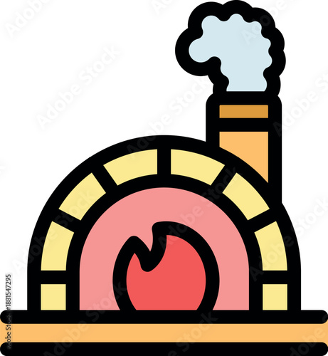 Brick oven burning wood and emitting smoke, perfect for baking pizza, bread or other dishes