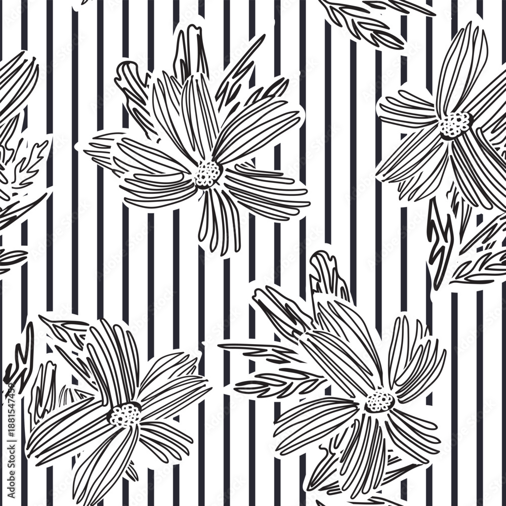 Fototapeta premium Monochrome Floral Striped Seamless Pattern Design