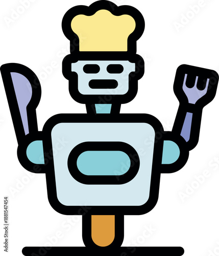 Robot chef holding fork and knife, artificial intelligence in the culinary arts