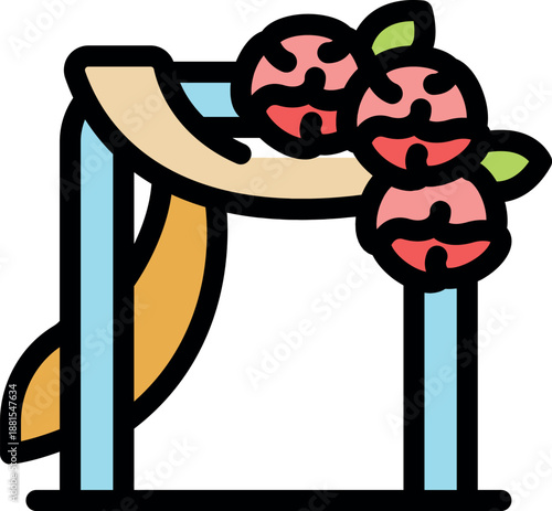 Wedding arch adorned with pink roses and draped fabric