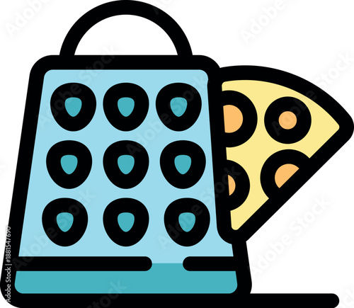 Metal grater preparing a pizza slice with pepperoni for the cooking process