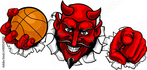 A devil man holding basketball ball, breaking through the background and pointing sports team mascot illustration.