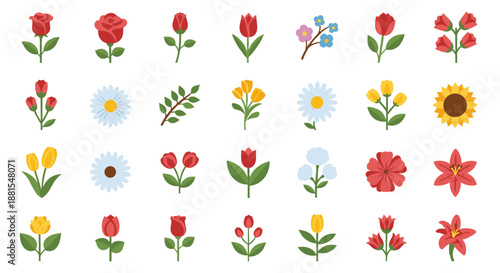 A vibrant collection of diverse floral icons, perfect for spring and summer designs, showcasing various blossoms and leaves in a flat, modern style.