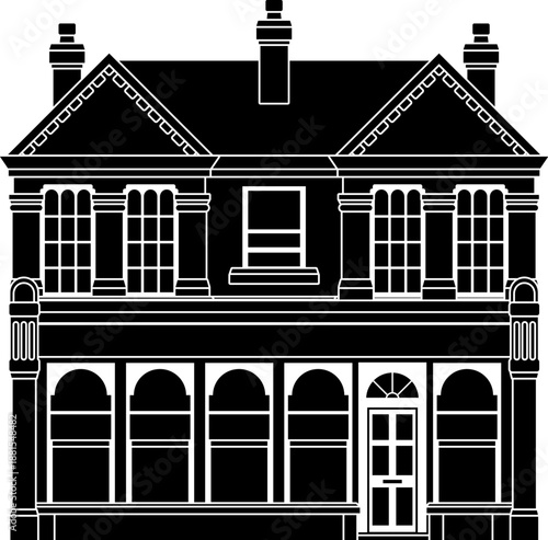 Victorian silhouette old English house building. Georgian mansion manor style homes. Vintage British architecture facade illustration.