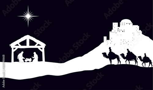 A Christmas nativity scene with baby Jesus in the manger, wise men and city of Bethlehem in the background