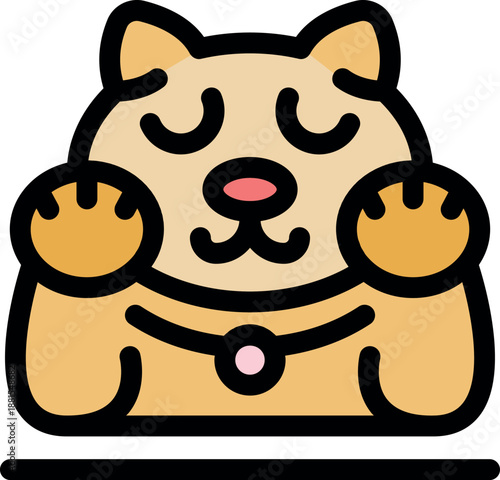 Adorable maneki neko cat raising paws, waving and bringing luck and fortune, a traditional japanese symbol