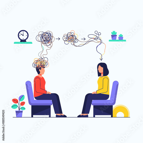 Psychotherapy session illustration: therapist helps patient untangle complex thoughts and emotions for mental health healing.