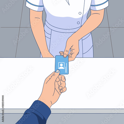 Close-up of hands exchanging an ID card at a counter, representing access, identification, or verification