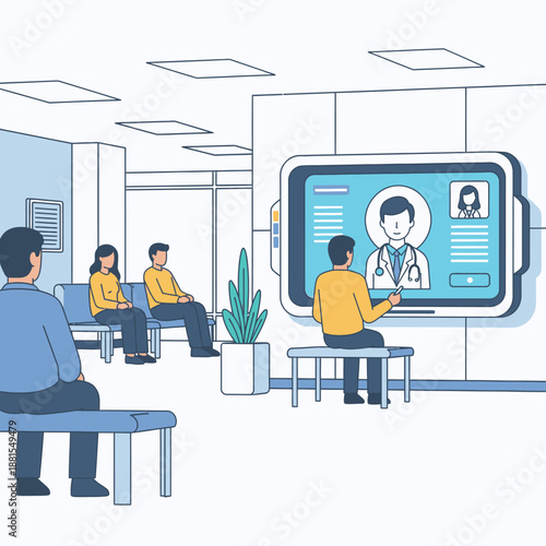Patients in waiting room using large screen for telemedicine consultation with doctor