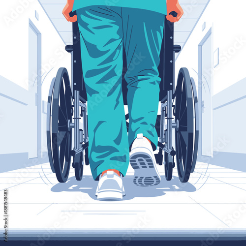 Medical professional pushing a wheelchair down a bright hospital corridor, illustrating healthcare, patient care, and hospital services.
