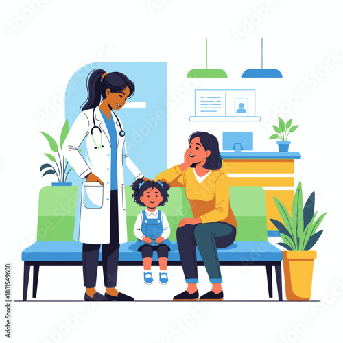 Doctor comforting a child with mother in a clinic waiting room, healthcare illustration