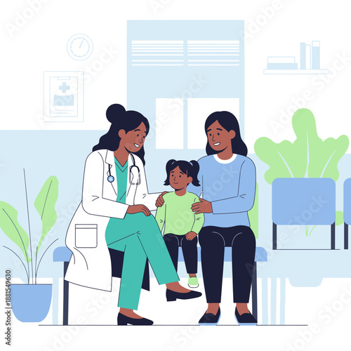 Doctor consulting with mother and child in a clinic waiting room, healthcare and medical concept illustration