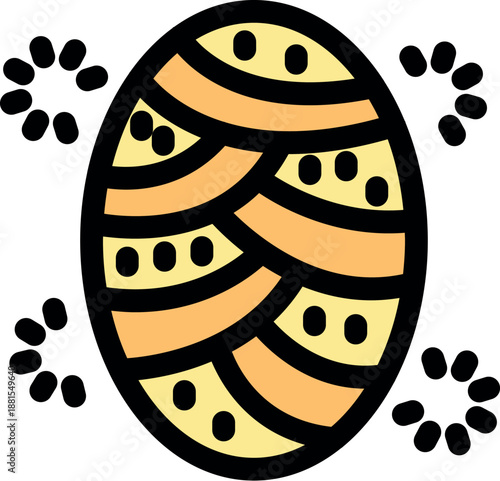 Oval cocoon with orange and yellow stripes and black dots, representing insect metamorphosis or wildlife conservation
