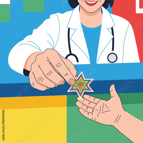 Doctor giving a star sticker to a child patient, symbolizing care, encouragement, and positive reinforcement in healthcare.