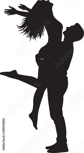 Silhouette of a romantic couple dancing together happily