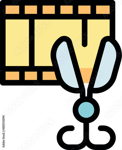 Scissors cutting a film strip, symbolizing post production, video editing, and the creative process of filmmaking