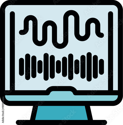Soundwave and audio signal visualizing on computer monitor, concept of music production or sound design