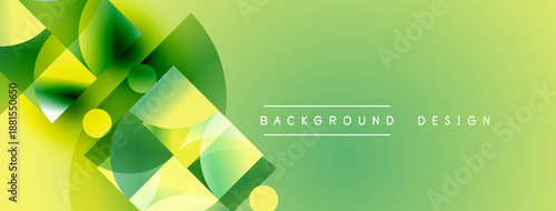 Abstract geometric shapes blend vibrant greens, yellows. Gradient background creates modern visual effect. Simple text labels design elements.