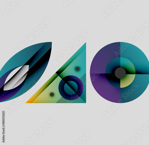 Abstract geometric shapes overlap, creating vibrant color gradients. Composition features circles, triangles, curves, modern design elements.