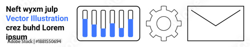 Horizontal bar graph in blue, gear wheel for settings, and envelope for communication. Ideal for data analysis, management, analytics, finance, settings, communication simple landing page