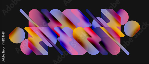 Abstract composition. Vibrant shapes overlap, creating dynamic gradients. Colors blendpurple, blue, orange, yellow. Modern design, digital illustration.
