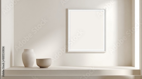 Serene Frame on Display: A minimalist display, featuring a blank framed picture alongside a ceramic vase and bowl. The composition is bathed in soft, natural light, and the focus is on simplicity.