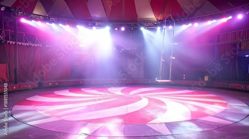 Empty circus stage with red and white striped floor and spotlights.