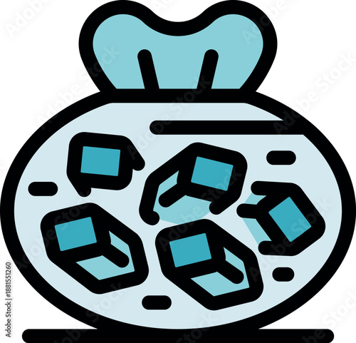 Ice cubes contained in a tied plastic bag, ready for cooling or preserving food