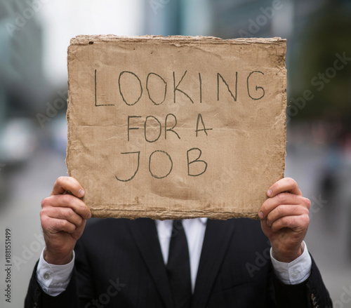 Close-up of man in suit sitting at stairs with sign in hands. Unemployed man looking for job.