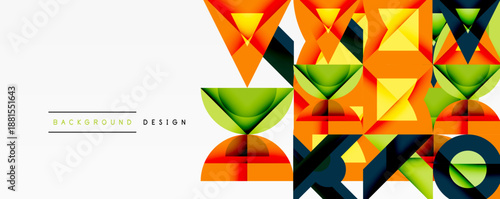 Abstract geometric shapes, vibrant colors, modern design. Orange, green, yellow dominate composition. Clean lines, dynamic pattern.