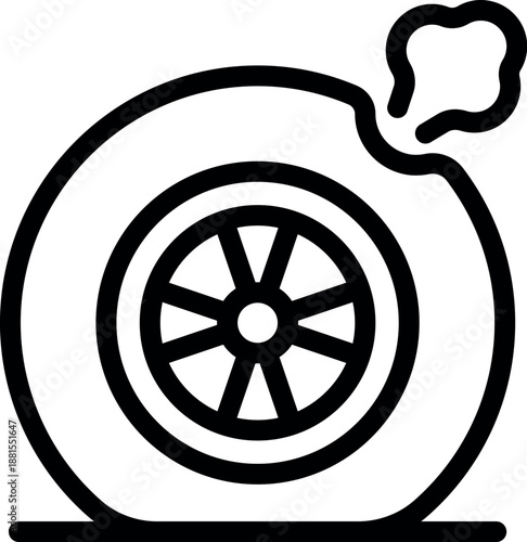 Punctured car tire is rapidly losing air pressure, emitting a puff of smoke