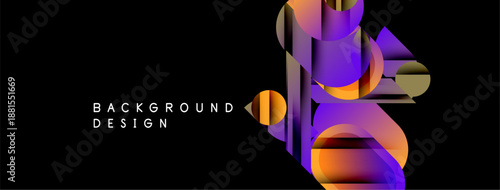 Abstract geometric shapes, vibrant gradients, purple, orange hues dominate black background. Modern design element for digital projects.