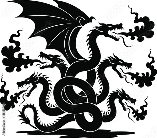 Five headed dragon silhouette breathing fire, mythical hydra monster illustration, fantasy tattoo style vector, black tribal design.