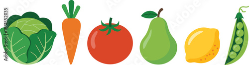 Fresh vegetables and fruits set, cabbage carrot tomato pear lemon peas, healthy food vector illustration, organic produce icons.