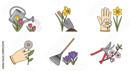 Gardening Tools and Flowers Illustrations Set.