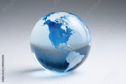 Translucent globe with depiction of the americas on blue surface