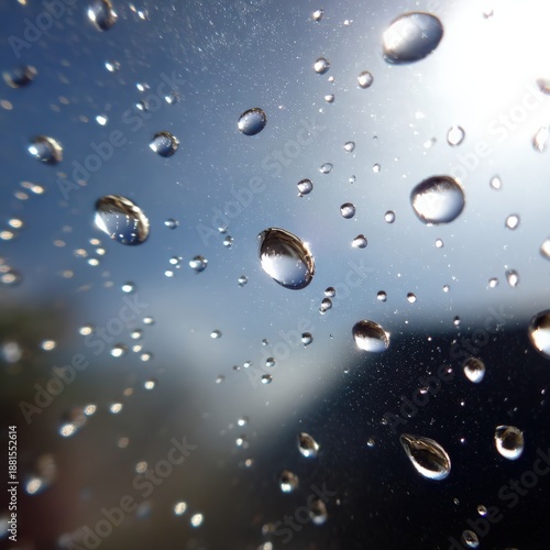 Close up of water droplets on a glass surface reflecting light