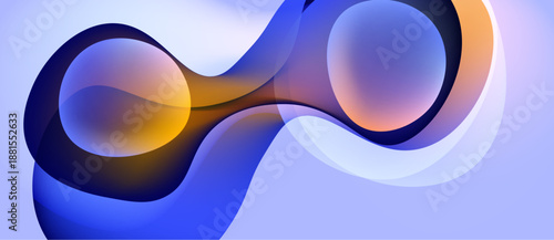 Abstract fluid shapes intertwine, creating infinity symbol. Blue, orange hues blend, soft gradients present. Modern design element.